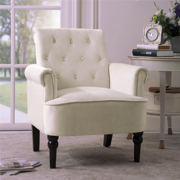 ARCTICSCORPION Velvet Accent Chair, Modern Button Tufted Club Chair with Roll Armrest and Wooden Legs, Wingback Armchair Single Sofa Chair for Living Room Bedroom Office Studio, Off White