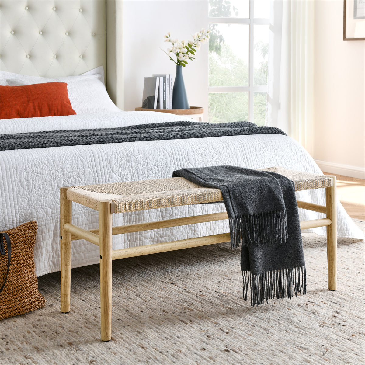 JINS&VICO Indoor Bench with Paper Cord for Bedroom Living Room, Rubber Wood Legs, 39.5“Lx14.5”Wx17.5“H