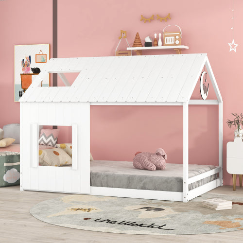 Full House Bed for Kids, Montessori Floor Bed Full with Roof and Window, Wood Full Floor Bed Frame with Cottage Style Rustic Design Cabin Playhouse Bed for Girls, Boys, Children,Can be Decorated,White