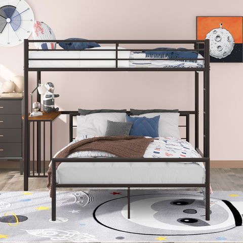 Twin Over Full Bunk Bed with Desk for Kids, Convertible to 2 Platform Beds Industrial Heavy Duty Metal Pipe Loft Bed with Ladder and Guardrail for Teens Boys Girls Adult, No Box Spring Needed, Black