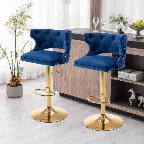 Velvet Bar Stools Set of 2, Modern Counter Height Bar Stools with Button Tufted Back and Nailhead Trims, Elegant Dining Chairs with Golden Metal Base and and Footrest for Kitchen, Blue