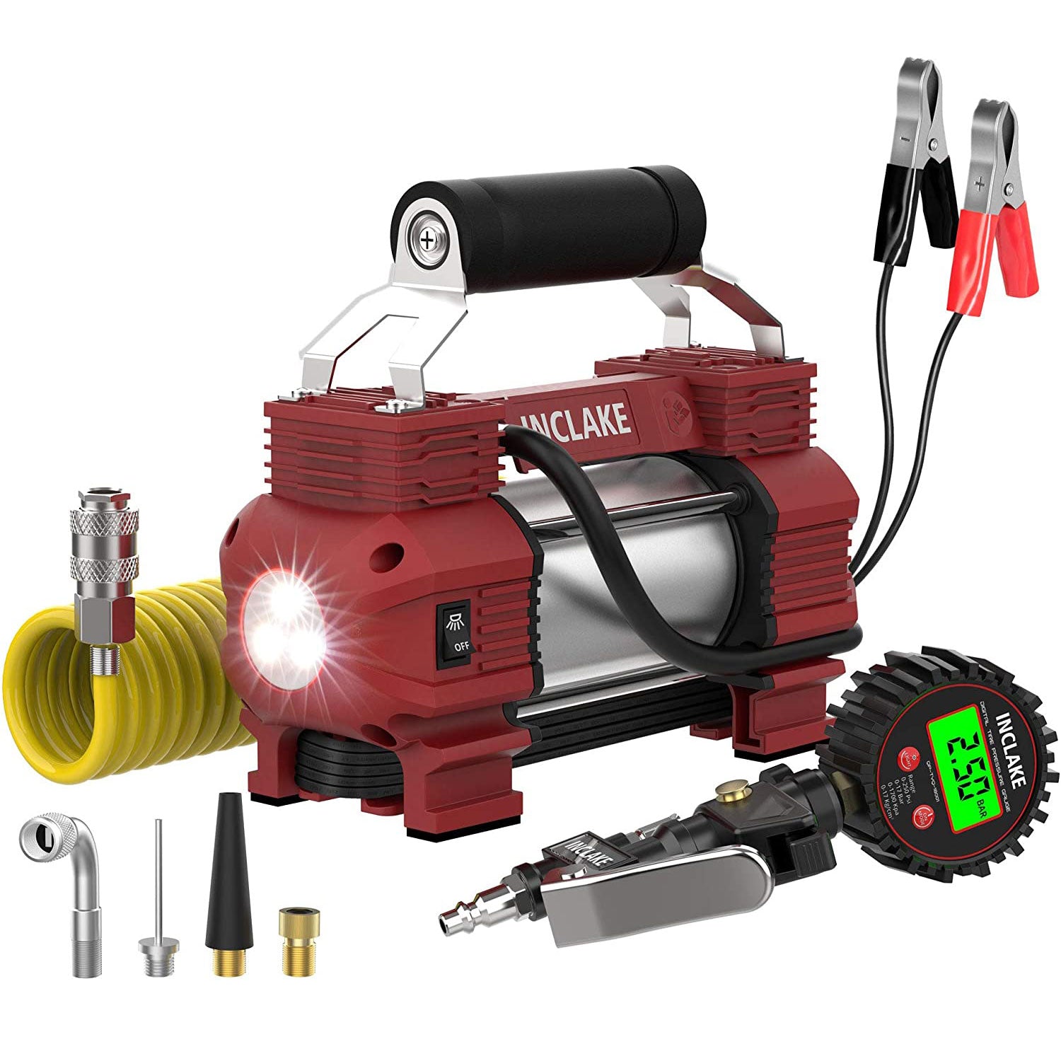 Portable Air Compressor-Tire Pressure Gauge,12V DC Compact Air Pump with LED Lights (9ft Extension Hose Included) ,120 PSI Heavy Duty Metal Tire Pump for Off-Road ,Pickup,Sedan,Truck,SUV and Bikes