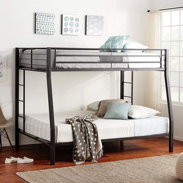 Metal Bunk Bed, Full Over Queen Bunk Bed for Adults, Bunk Bed Frame with Stairs and Full-Length Guardrail, Space-Saving and Noisy FreeBlack