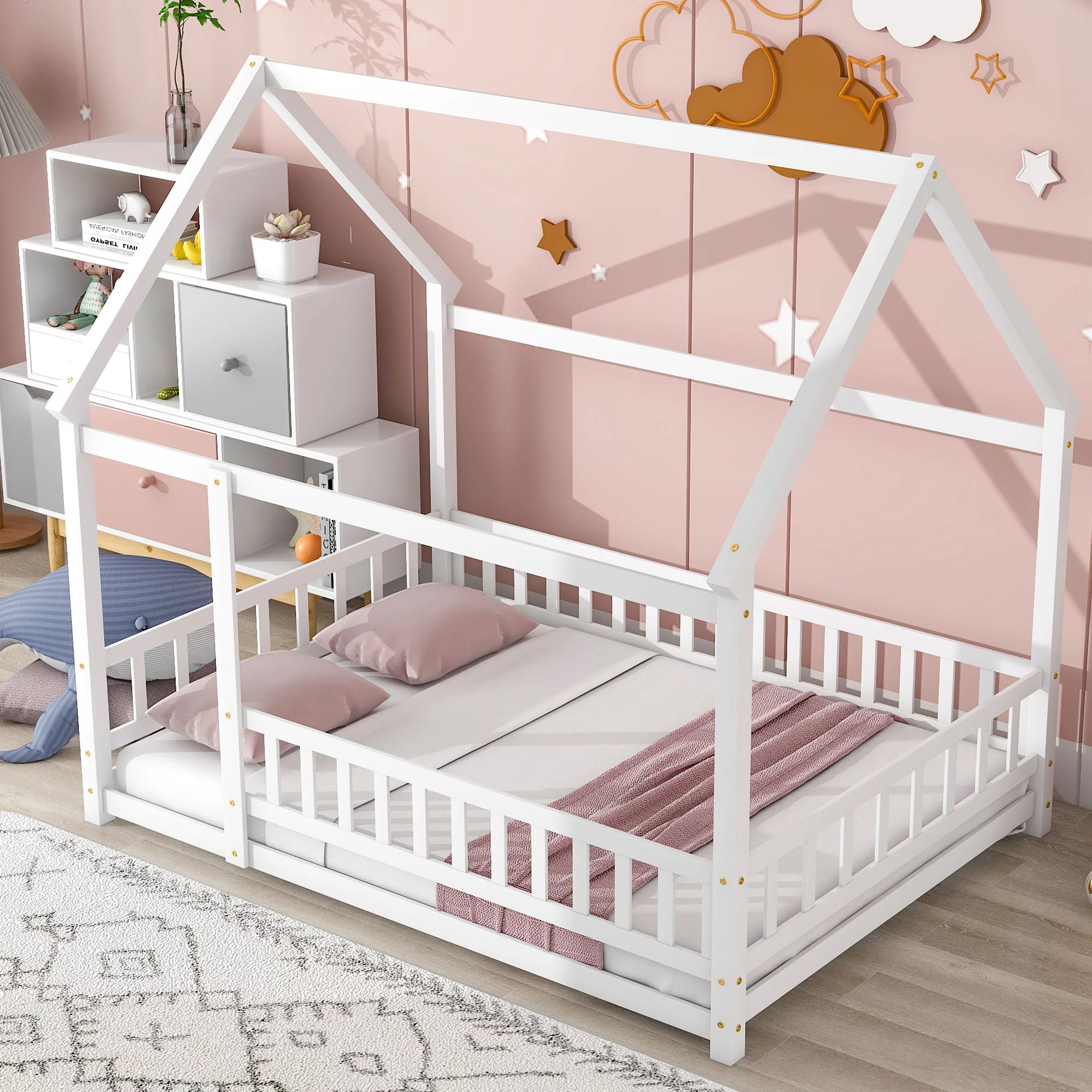 Full Floor Bed with Fence Guardrails for Kids Toddlers, Montessori House Bed Canopy Bed Frame with Roof, Playhouse Design Platform Bed for Boys and Girls Bedroom, No Slats Included, White