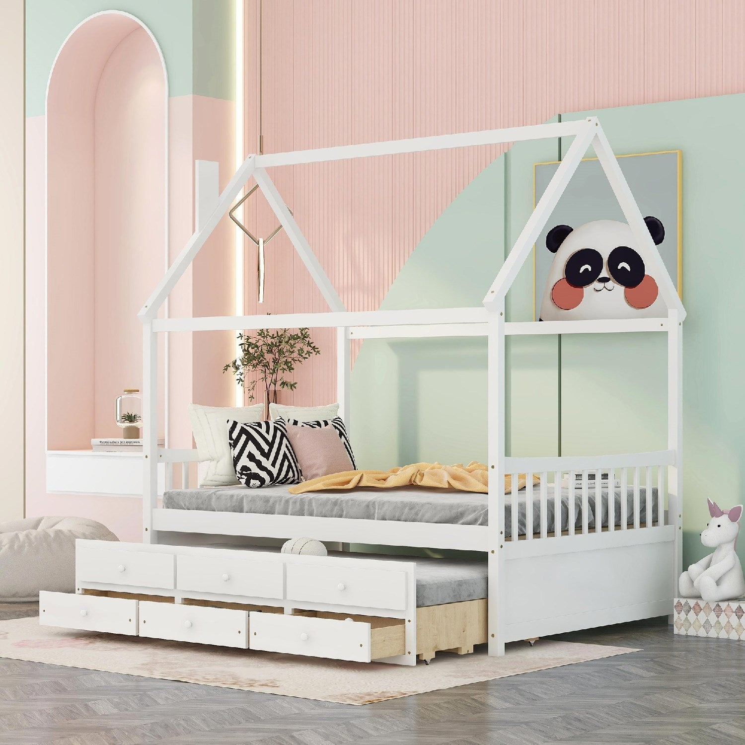 Full Size House Bed with Trundle and 3 Storage Drawers, Captain's Beds with Roof, Wooden Storage Daybed Frame for Kids Teens Boys Girls, White