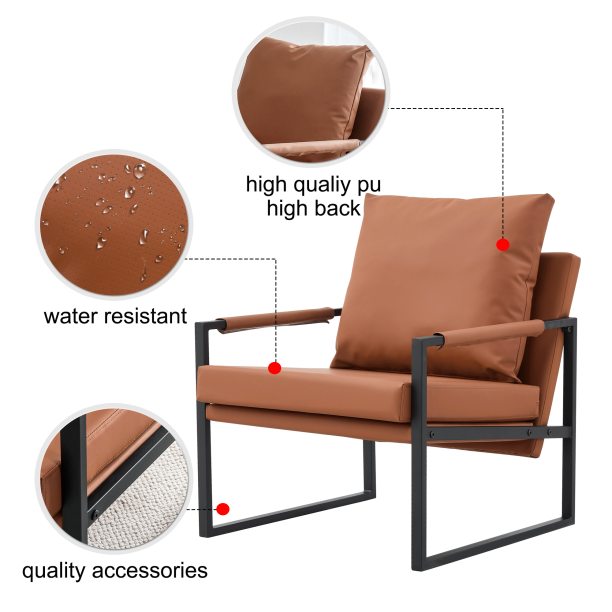 PU Leather Accent Arm Chair, Mid Century Upholstered Armchair with Metal Frame Extra-Thick Padded Backrest and Seat Cushion Sofa Chairs for Living Room, Bedroom, Brown