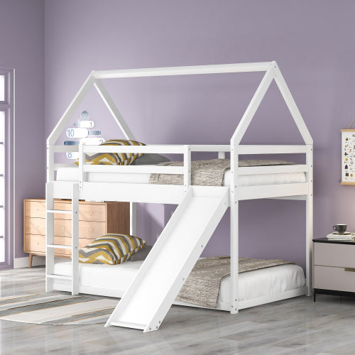 Twin Bunk Bed with Slide and Ladder, House Bunk Bed Frame with Roof and Guardrail, for Kids Boys and Girls, White