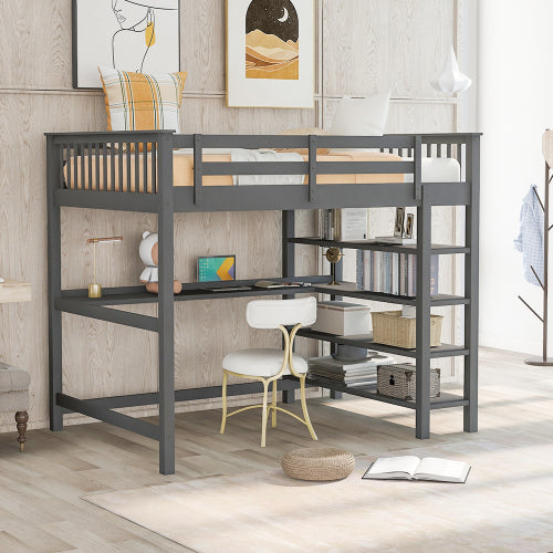 Full Size Loft Bed Frame with Desk and Shelves, Rubber Wooden Loft Bed for Kids, Teens, No Box Spring Needed, Gray