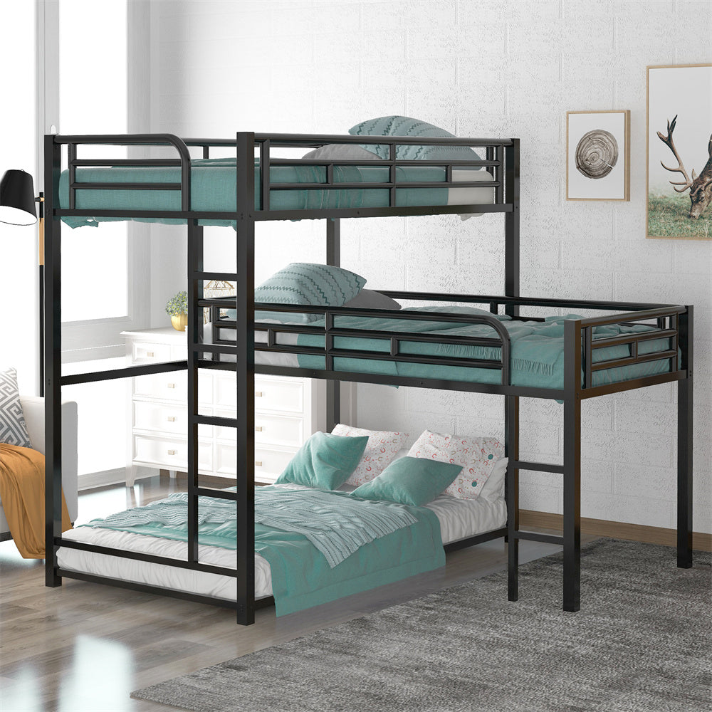 L-Shaped Metal Triple Bunk Bed, Twin Size Bunk Bed Frame with Long and Short Ladders, Loft Bed with Full-Length Guardrails and Under-Bed Storage, 3 Beds Bunk Bed for Adults No Box Spring Needed Black