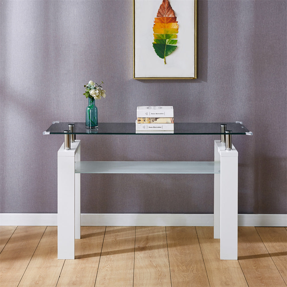 Rectangle Glass Console Table, Modern Clear Cocktail Table with Tempered Glass Top and Open Storage Shelf, Multifunctional 2-Tier Coffee Table with Steel Legs for Living Room Office Bedroom, White