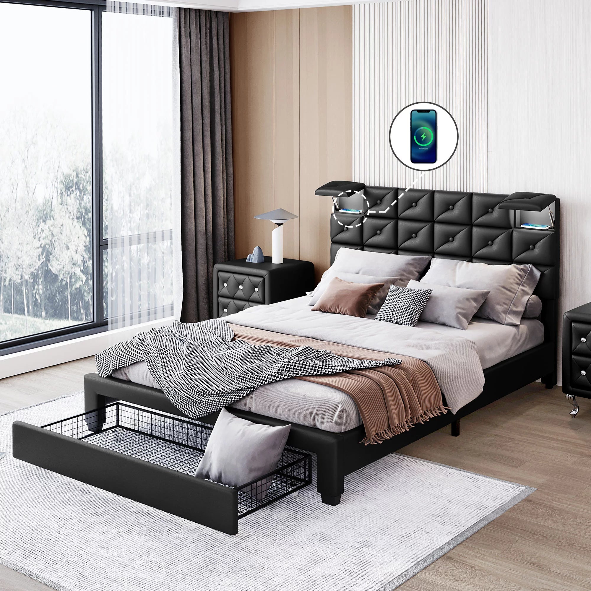 Queen Size Velvet Platform Bed with a Big Drawer, Upholstered Storage Bed with Two Wireless Chargers and Motion Activated Night Light, Queen Platform Bed with Headboard, No Box Spring Needed, Black