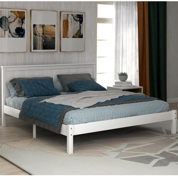 Full Size White Platform Bed with Headboard and Solid Wood Slat Support for Kids Adults, No Box Spring Needed, Easy Assemble