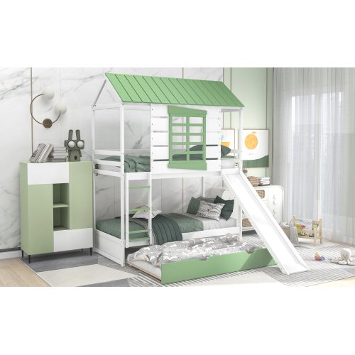 Twin Over Twin House Bunk Bed, Wooden Bed Frame with Trundle and Slide, Bunk Bed with Convertible Slide, Floor Play House Bed with Slat for Kids, Storage Staircase, Roof and Window Design, White