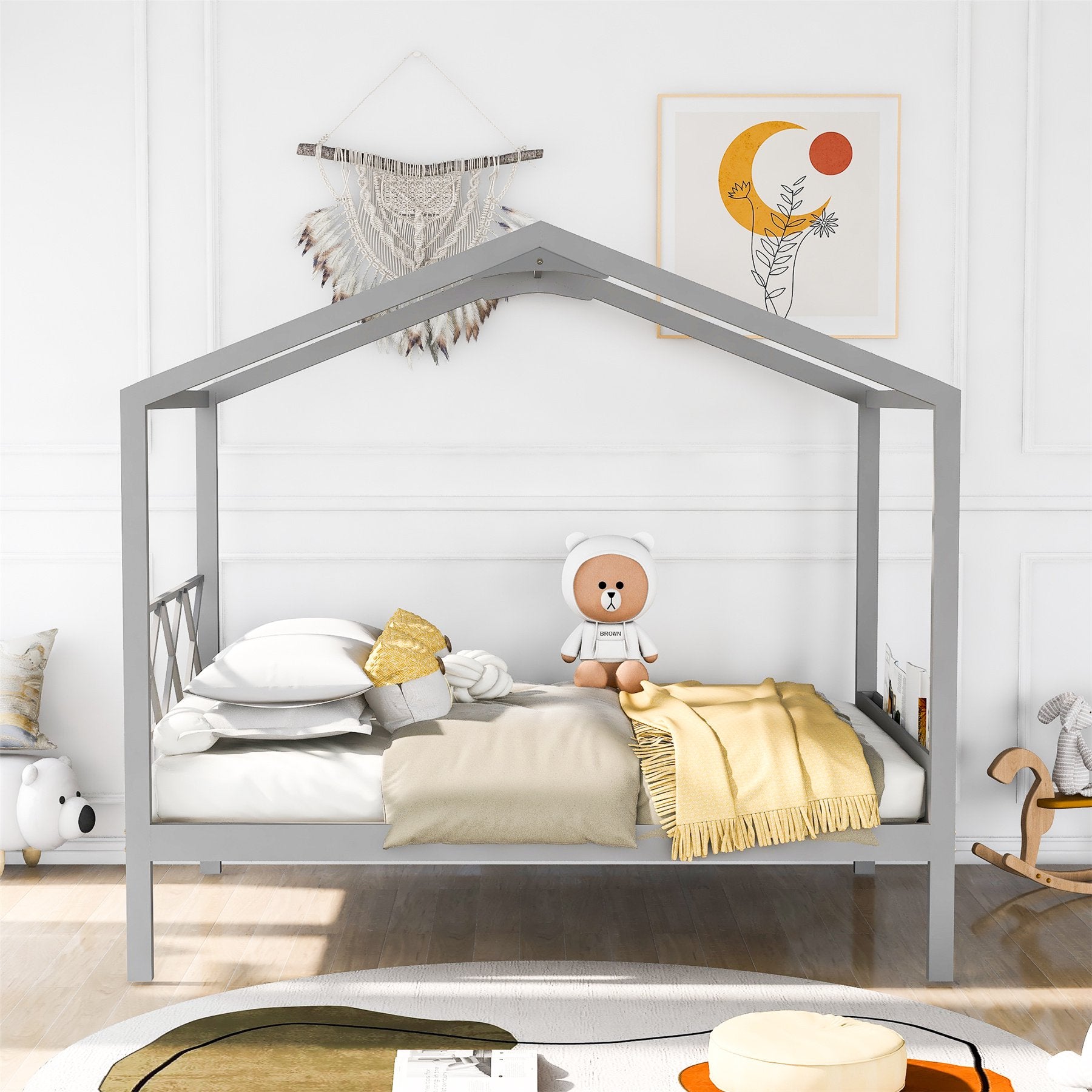 Full Size House Bed with Footboard Storage Space and Roof for Kids Girls Boys, Wooden House Bed Can be Decorated, No Box Spring Needed, Gray