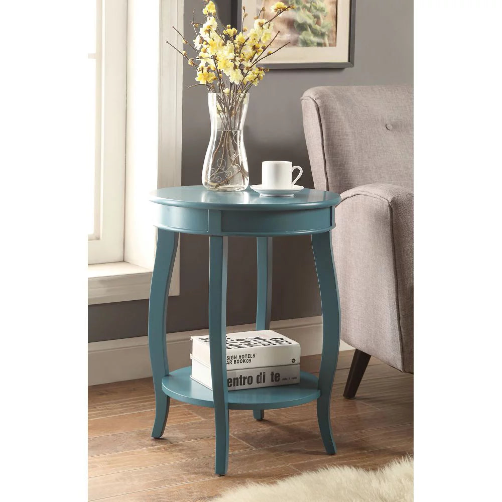 Wooden Round Top Side Table with 1 Bottom Shelf, Pedestal Table End Table Sofa Table Nightstand with Stylized Legs for Living Room, Bedroom and Office, 18"Dia x 24"H, Teal