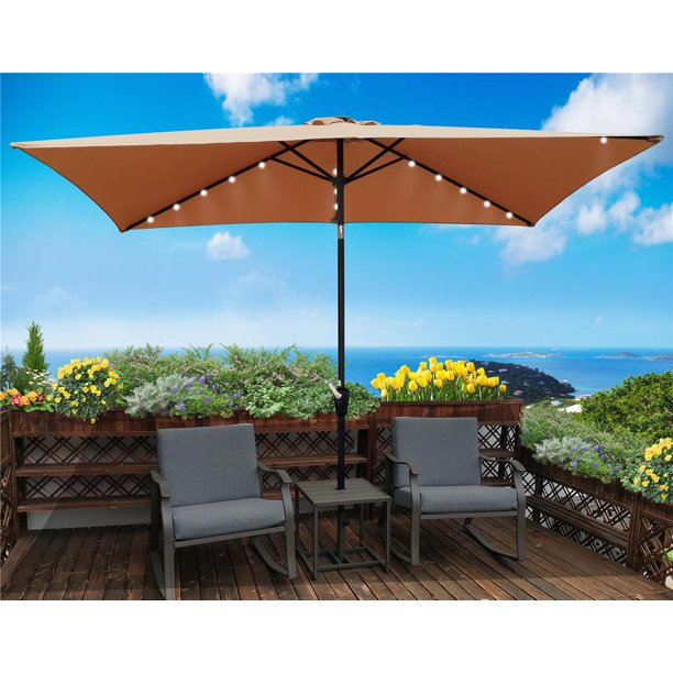 10 FT Rectangular Solar Umbrella, Patio Beach Outdoor Umbrella with 26 Solar LED Lights, Heavy-Duty Market Umbrella, Sunshade with Crank and Push Button Tilt for Garden Backyard Deck Pool, Brown