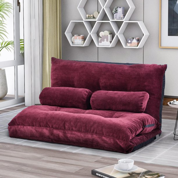 Fold Down Sofa Bed Floor Couch Adjustable Folding Modern Futon Chaise Video Gaming Lounge Convertible Upholstered Memory Foam Padded Cushion Guest Sleeper Chair with Two Pillows, Burgundy