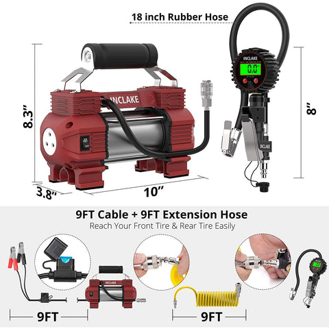 Portable Air Compressor-Tire Pressure Gauge,12V DC Compact Air Pump with LED Lights (9ft Extension Hose Included) ,120 PSI Heavy Duty Metal Tire Pump for Off-Road ,Pickup,Sedan,Truck,SUV and Bikes