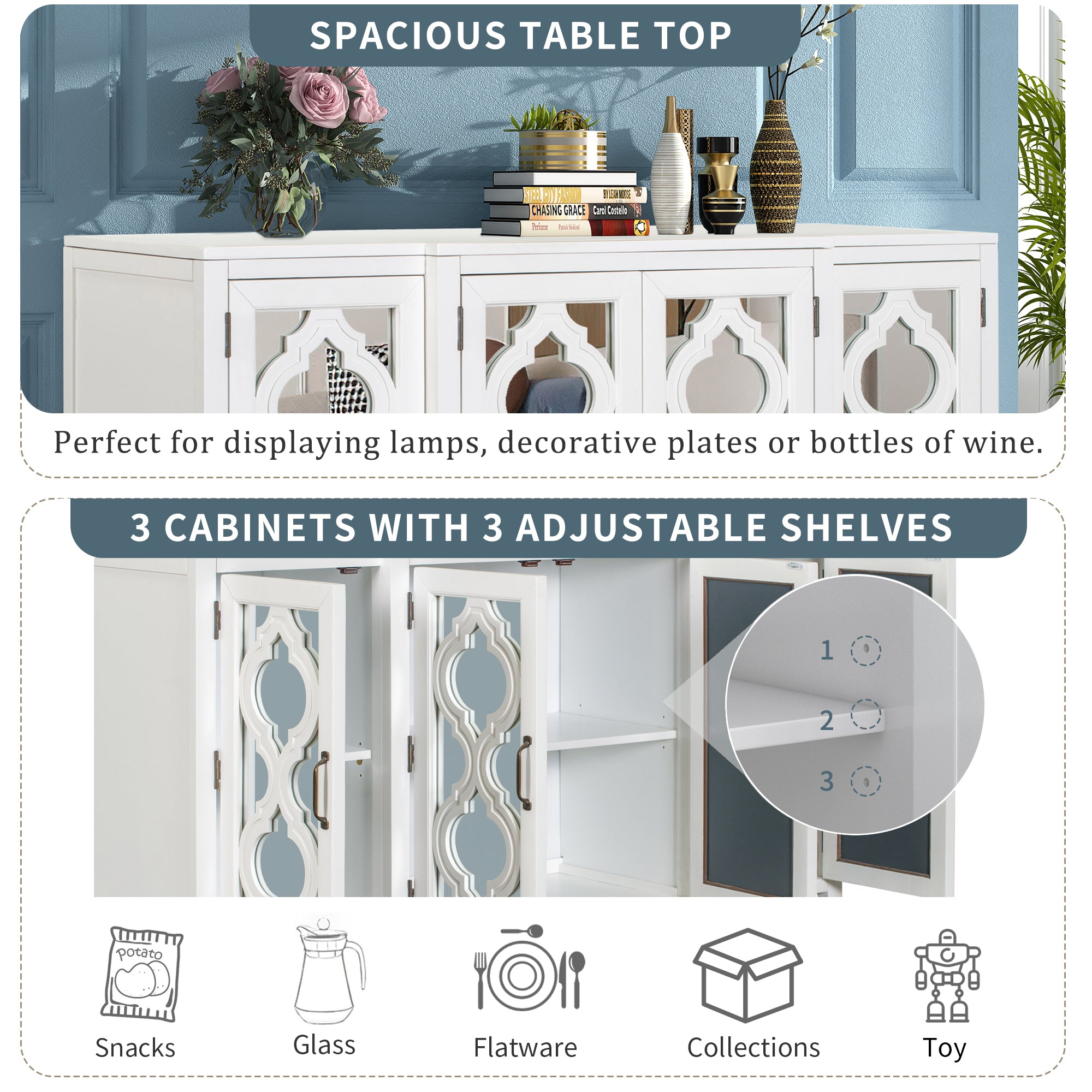 Accent Storage Cabinet, Modern Mirrored Console Table with 4 Cabinets and 3 Adjustable Shelves Buffet Sideboard Storage Cabinet for Entryway Kitchen Dining Room, Easy Assembly, White