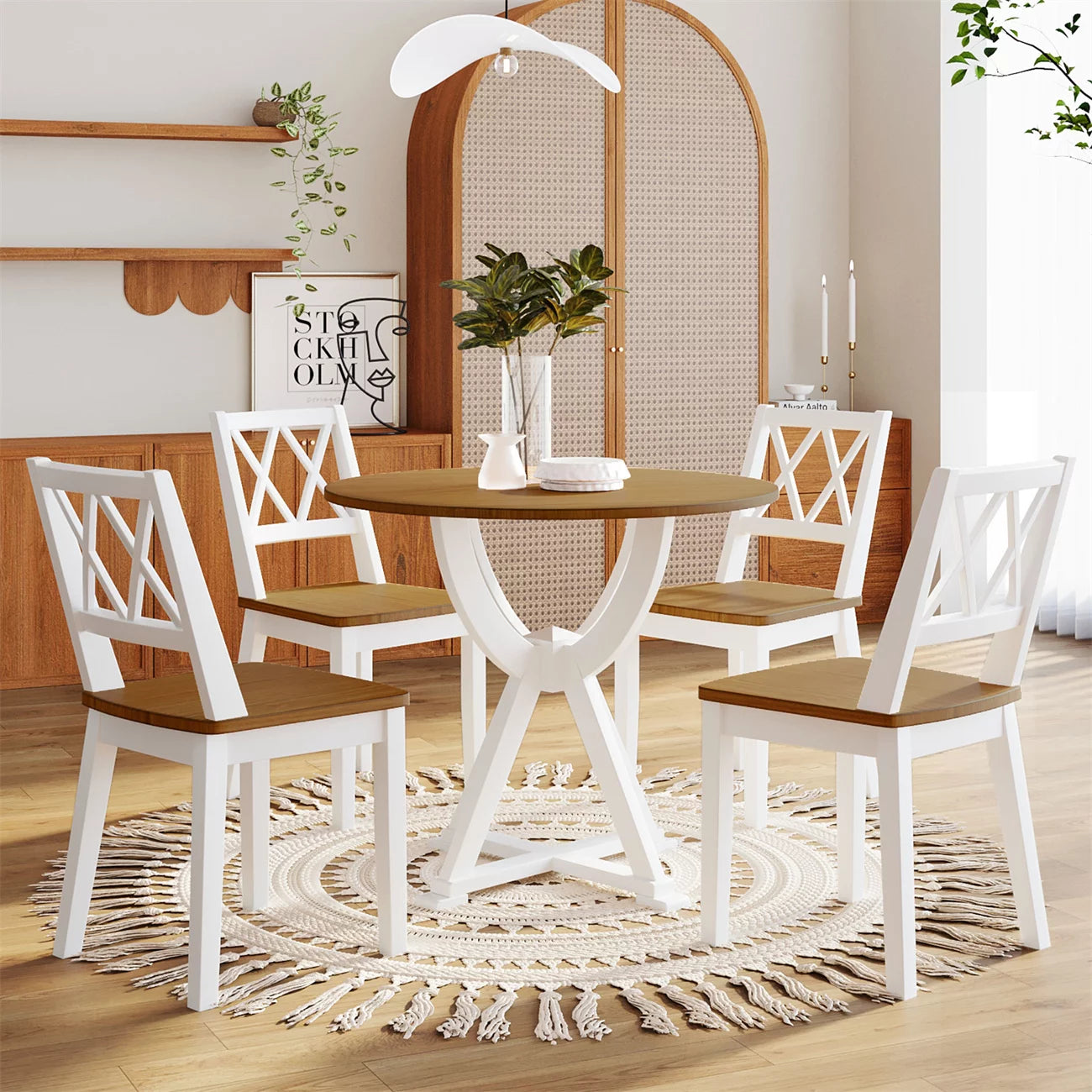 5-Piece Round Dining Table Set, Mid-Century Design Kitchen Furniture Set with 4 Cross Back Dining Chairs, Kitchen Table Set for 4 with Trestle Legs for Small Places Kitchen Dining Room, White