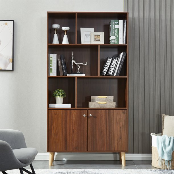 Bookshelf with 2 Open Shelves and 2 Doors, Modern Floor Standing Bookcase with Solid Wood Legs, Wooden Storage Organizer Shelf, Display Shelf for Living Room Bedroom and Study Room, Walnut