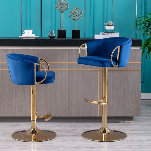Velvet Bar Stools Set of 2, Modern Upholstered Swivel Barstools with Back and Footrest, Comfy Adjustable 24.41in Counter Stools Dining Chairs for Pub Kitchen Island, Navy