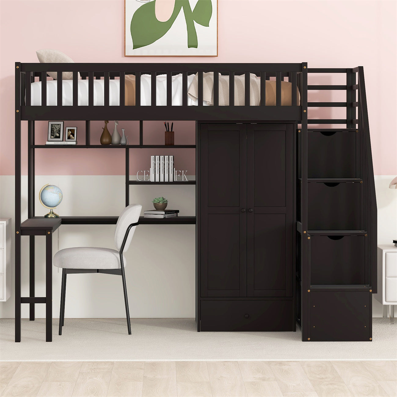 Twin Size Loft Bed, Wooden Loft Bed Frame with Bookshelf and Drawers for Kids Teens, Multifunctional Storage Bed Frame with Built-in Desk and Wardrobe for Bedroom Dorm, Space-Saving Design, Espresso