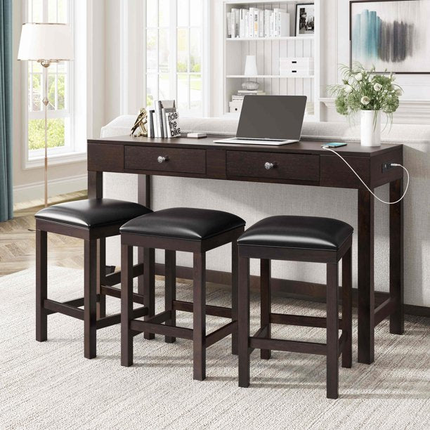 Dining Table Set, 4-Piece Counter Height Table Set with Socket and Leather Padded Stools, Multipurpose Rustic Bar Dining Table Set with 2 Drawers,Expresso