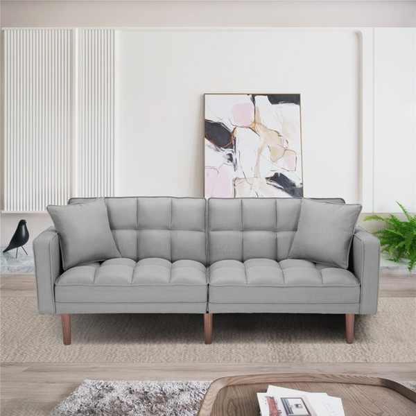 Sleeper Sofa Bed Couch with 2 Pillows, Convertible Sofa Futon Bed for Bedroom Couch, Small Apartment Furniture Sofas or RV Couch, 100% Polyester Linen-Look Fabric, Light Grey