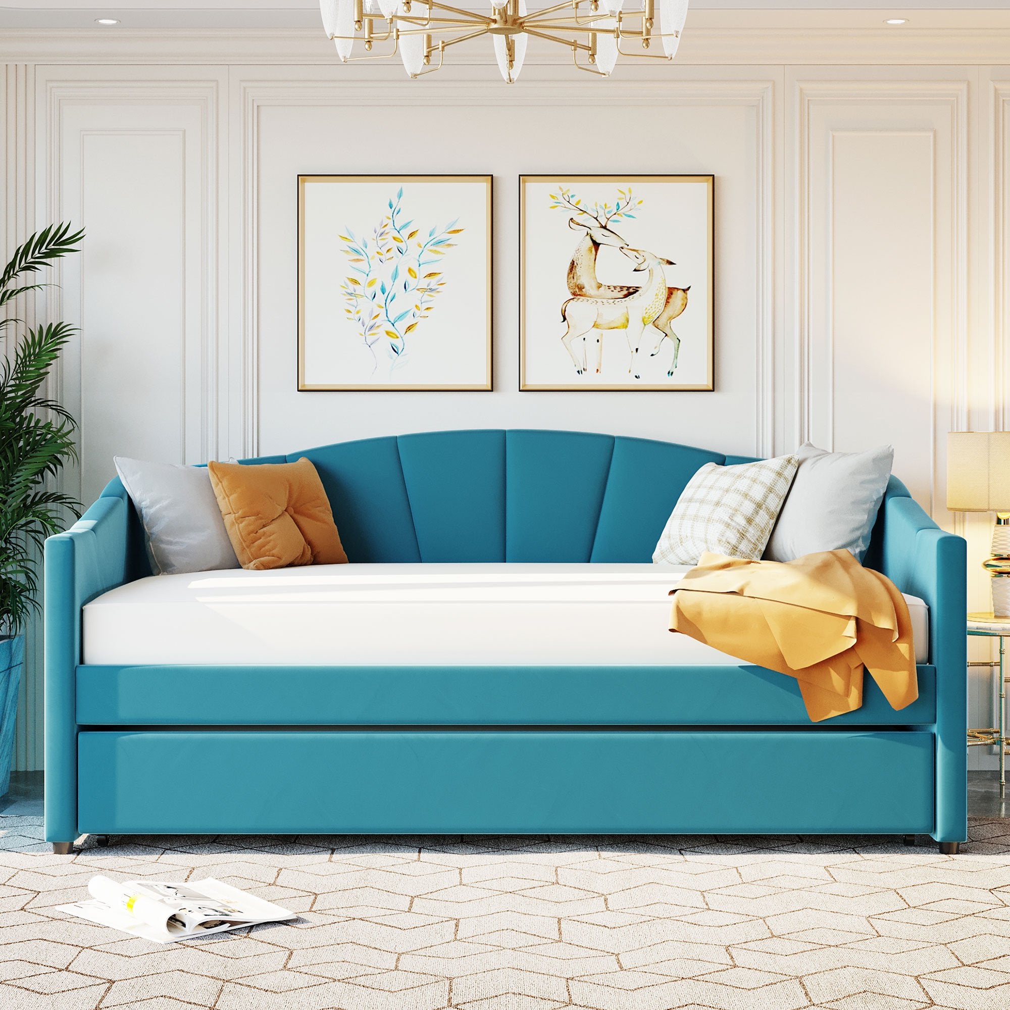 Twin Size Daybed Frame with Trundle Bed, Velvet Upholstered Dual-use Sofa Bed Frame with Slats Support, Wooden Living Room Bedroom Bed Frame for Teens Adults, No Box Spring Needed, Blue