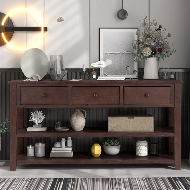 INCLAKE Wooden Console Table, Retro Design Entry Table with 3 Drawers and 2 Layers Shelves, Solid Wood Narrow Sofa Table Side Table for Living Room, Bedroom, Hallway, Espresso