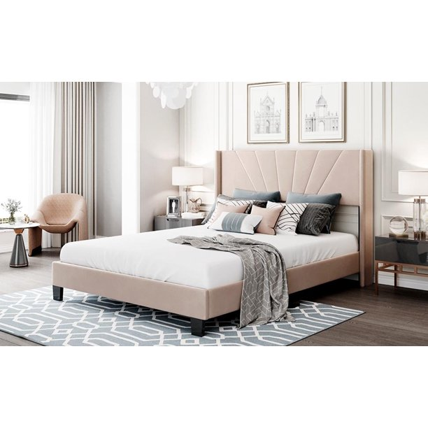Queen Size Velvet Upholstered Platform Bed frame with headboard, Box Spring Needed, Easy to Assemble, Beige