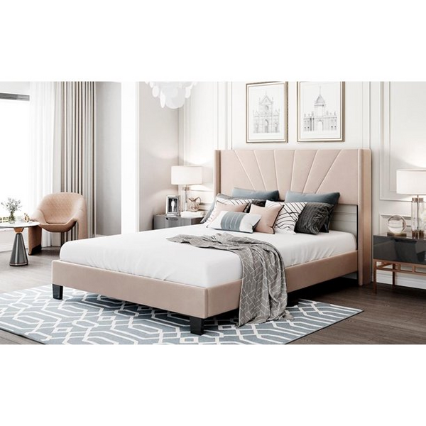 Queen Size Velvet Upholstered Platform Bed frame with headboard, Box Spring Needed, Easy to Assemble, Beige