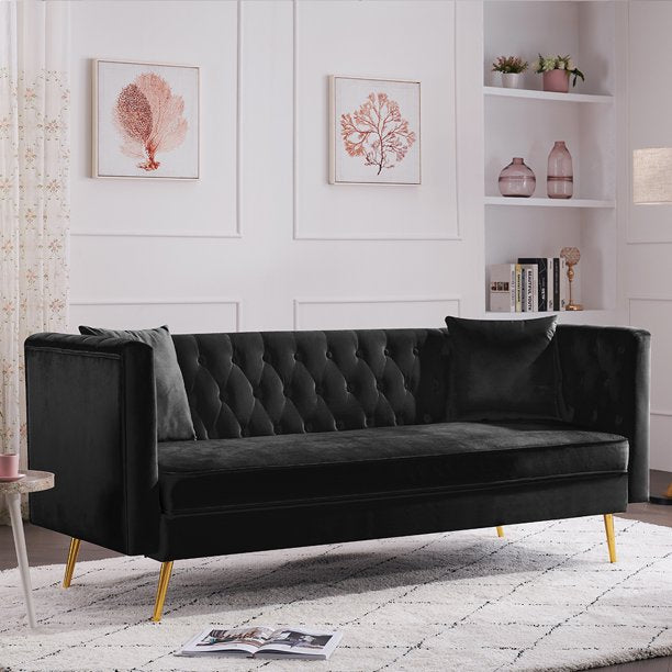 INCLAKE 77" Velvet Sofa Couch Mid-Century Modern Upholstered Living Room Sofa 3 Seater Couch with 2 Pillows, Solid Wood Frame and Golden Metal Legs for Living Room Bedroom Apartment, Black