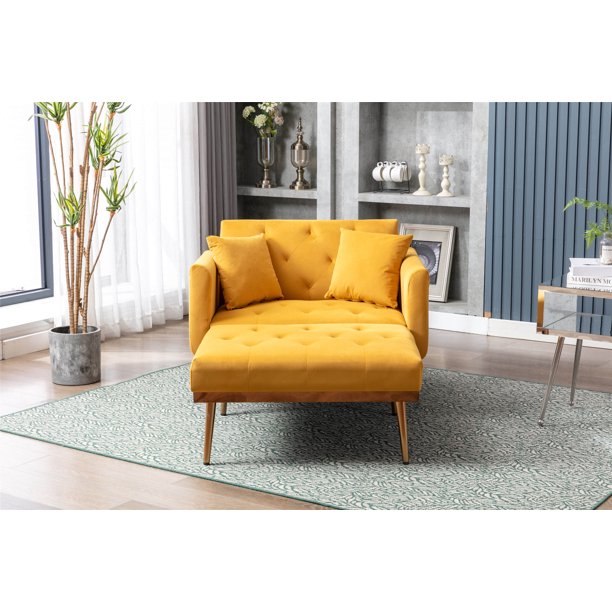 INCLAKE Velvet 2 in 1 Chaise Lounge Chair Indoor, Modern Single Sofa Bed, Recliner Chair with 3 Adjustable Angles,Convertible Sleeper Chair with Thick Padded for Living Room Bedroom,Office,Mango Color
