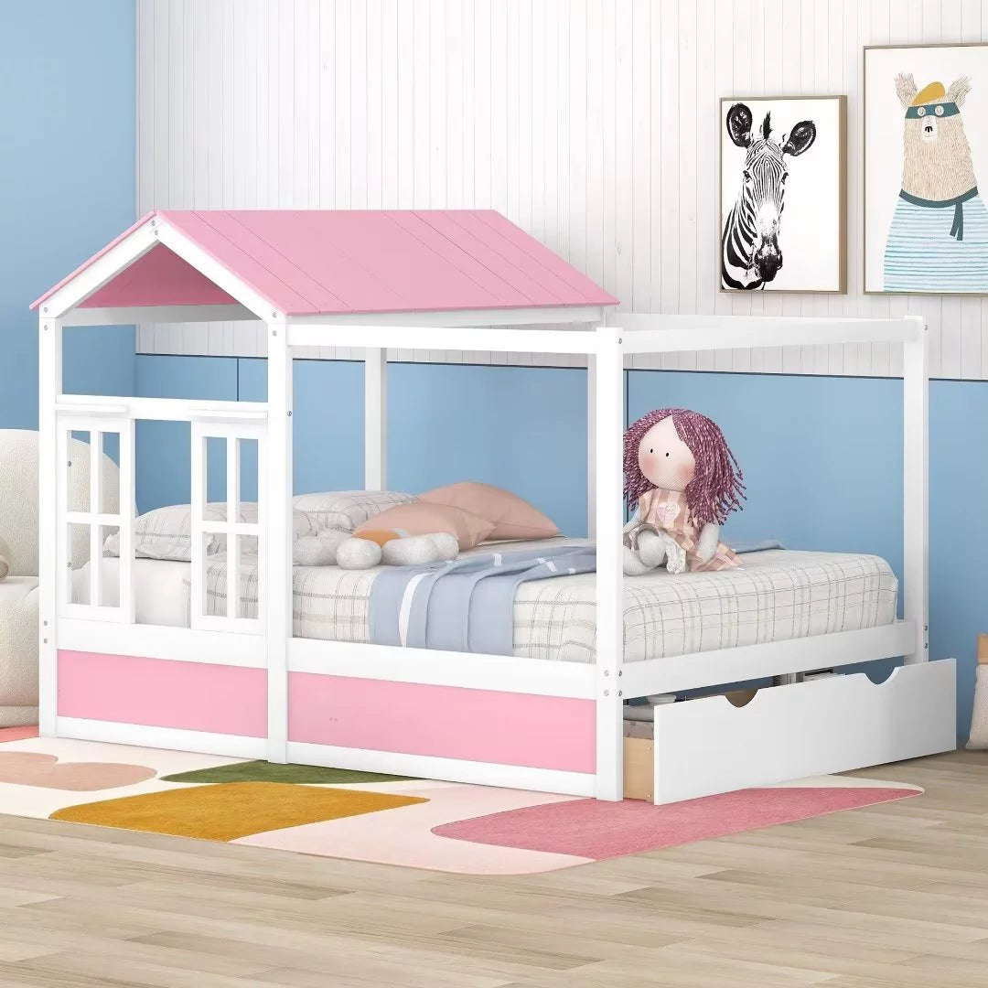 Full Size House Bed with Drawer, Montessori Playhouse Bed with Roof and Window, Solid Wood Bed Frame for Kids Teens Boys Girls Bedroom, Pink