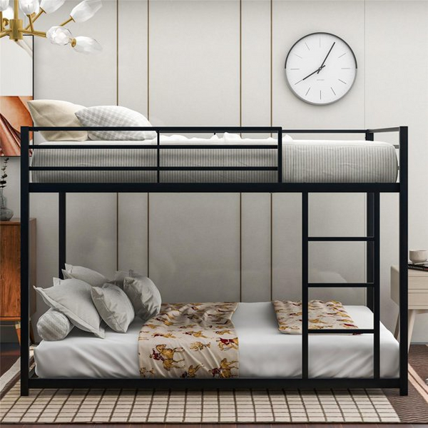 Full over Full Metal Bunk Bed, Low Bunk Bed with Ladder, Heavy Duty Metal Bunk Bed Frame with Slat, Easy Assembly with Enhanced Upper-Level Guardrail, Black