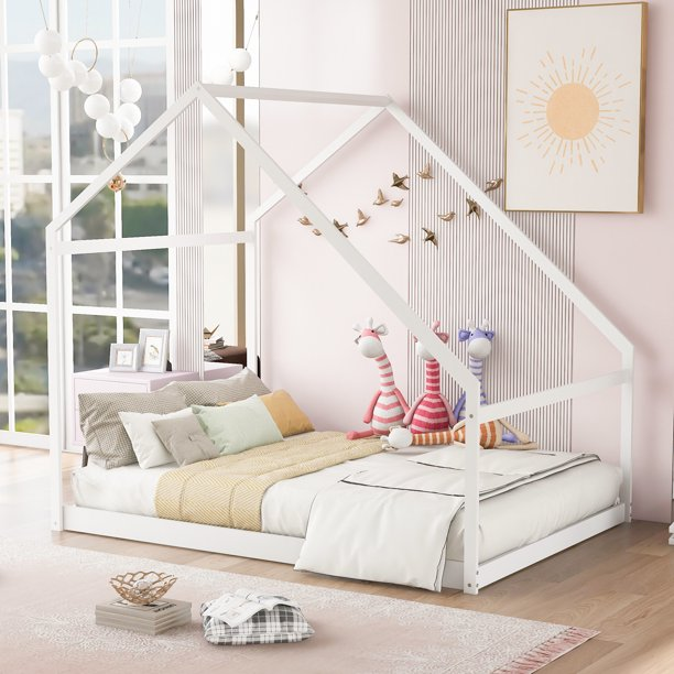 Full Size House Bed, Wooden Floor Bed Frame with Roof for Toddlers Kids Girls Boys, Can be Decorated, White 77.8"L x 56.8"W x73.2"H