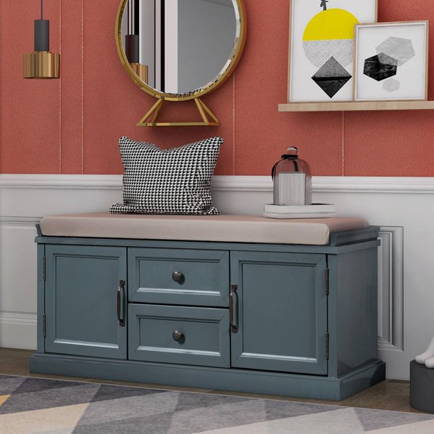 Wooden Storage Bench Entryway Storage Bench with 2 cabinets and 2 Drawers, Rustic Shoe Bench Storage Bench with Removable Cushion for BeadRoom, Entryway, Hallway,Blue