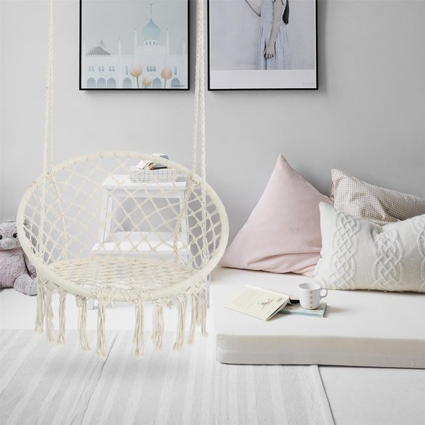 Hammock Chair Macrame Swing Max 330 Lbs Hanging Cotton Rope Hammock Swing Chair for Indoor, Outdoor, Home, Bedroom, Patio, Deck and Garden (Beige)