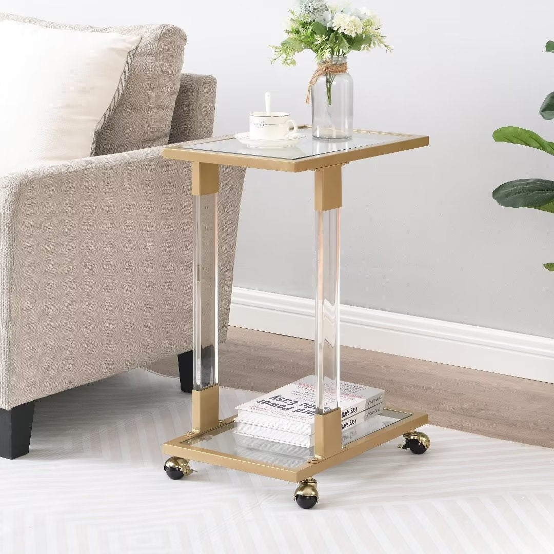 Mobile Sofa Side Table, Acrylic End Table C-Shaped Snack Table On Wheels with Tempered Glass Shelves and Clear Acrylic Frame, Clear Rolling Table Tray Table for Living Room Bedroom Balcony, Golden