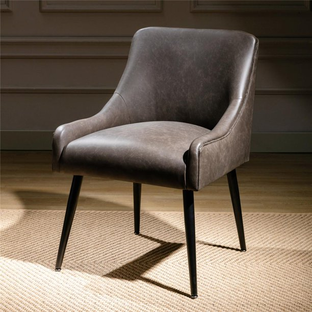 Modern Leather Accent Chair, Upholstered Dining Chair Side Chair with Swoop Arm and Metal Legs for Living Room Kitchen Dining Bedroom Meeting Room Office, Brown
