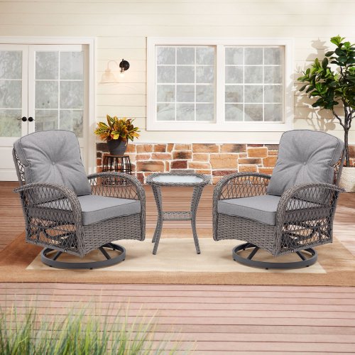 3 Pieces Patio Furniture Set,Swivel Rocking Chairs Patio Chairs Set of 2 and Side Table,3 Piece Wicker Patio Bistro Set with Padded Cushions,for Patio Deck Porch Balcony
