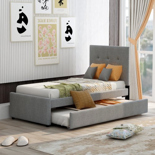 Upholstered Twin Size Linen Platform Bed with Headboard and Pull out Trundle, Bedroom Bedframe with Solid Wood Slats & Center Legs,For Kids Teens Adults,No Box Spring Required