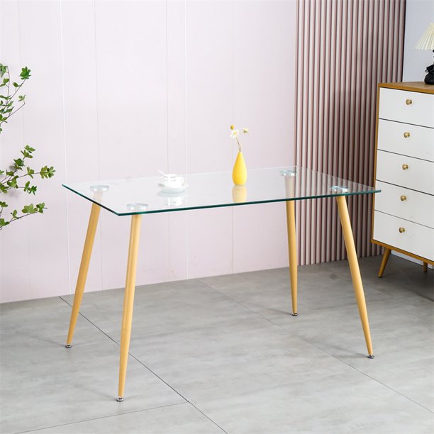 Rectangular Glass Dining Table with Wood-Transfer Metal Legs, Kitchen Table Home Office Table Writing Table Desk with Tempered Glass Top, Rectangular Dining Table Versatile Table for Small Spaces