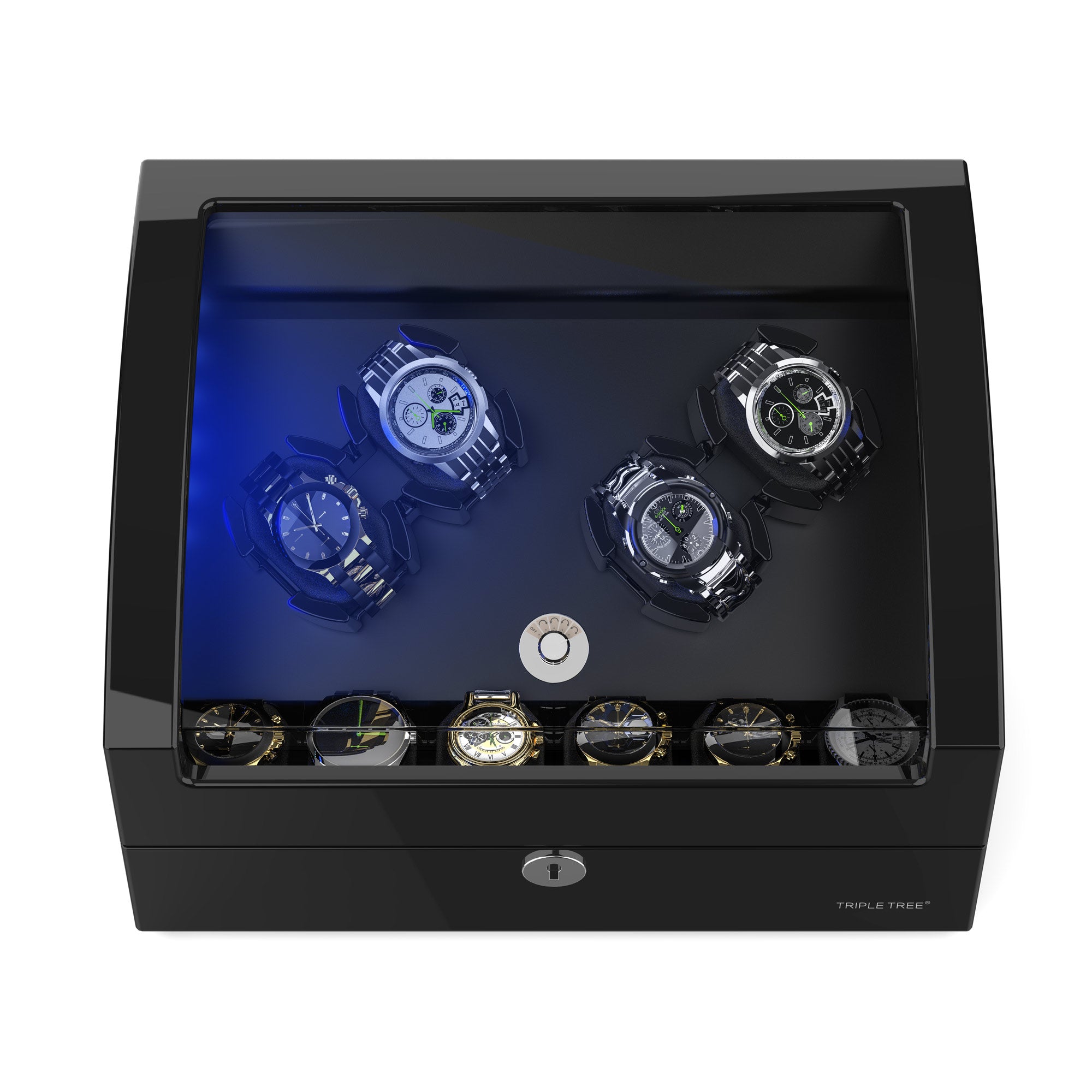 4 Black Piano Wooden Automatic Watch Winder with 6 Storage