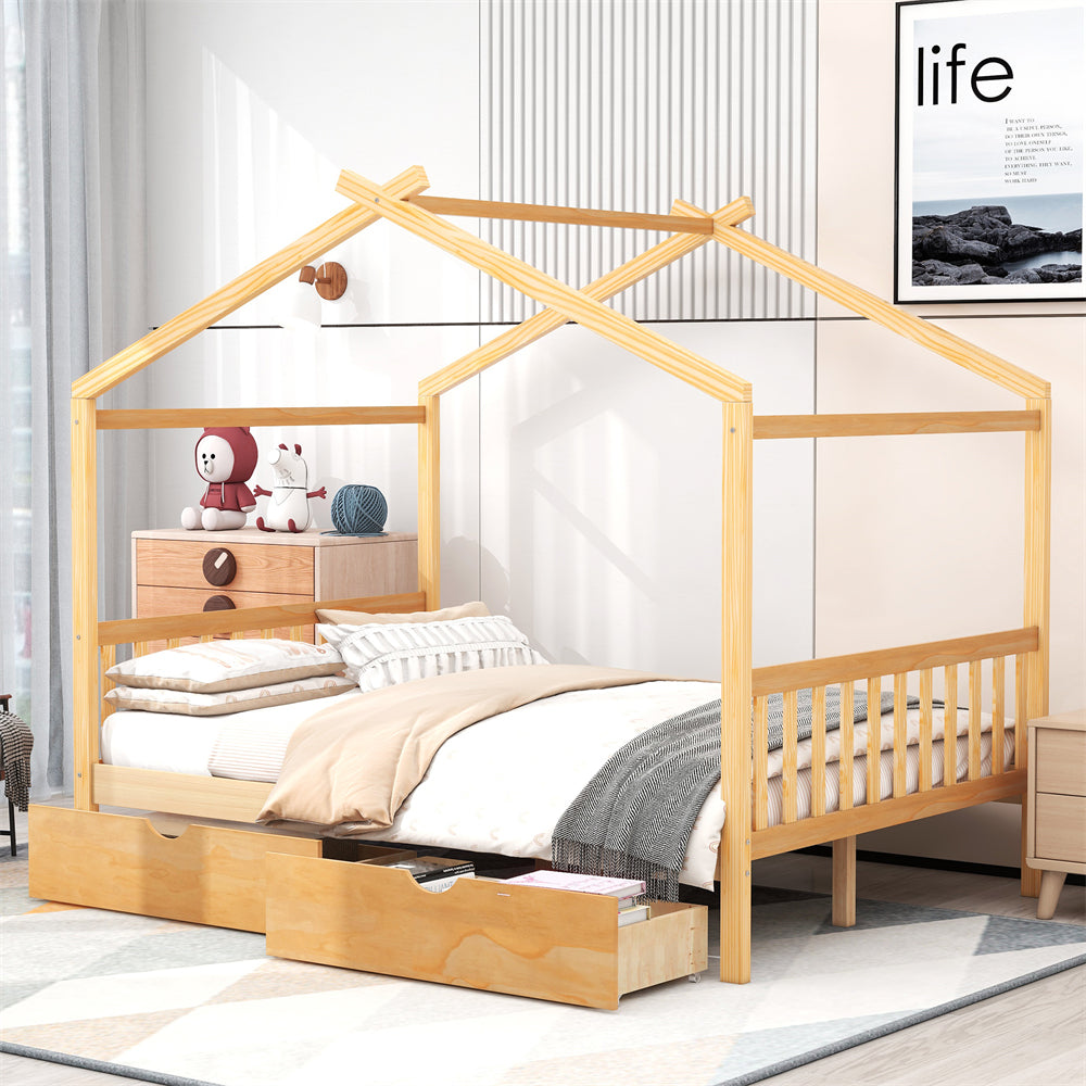 Full Size House Platform Bed Frame with Two Drawers, Wood House Bed Frame with Headboard and Footboard, House Cabin Bed Frame for Kids Toddlers Boys Girls, No Need Spring Box, Natural