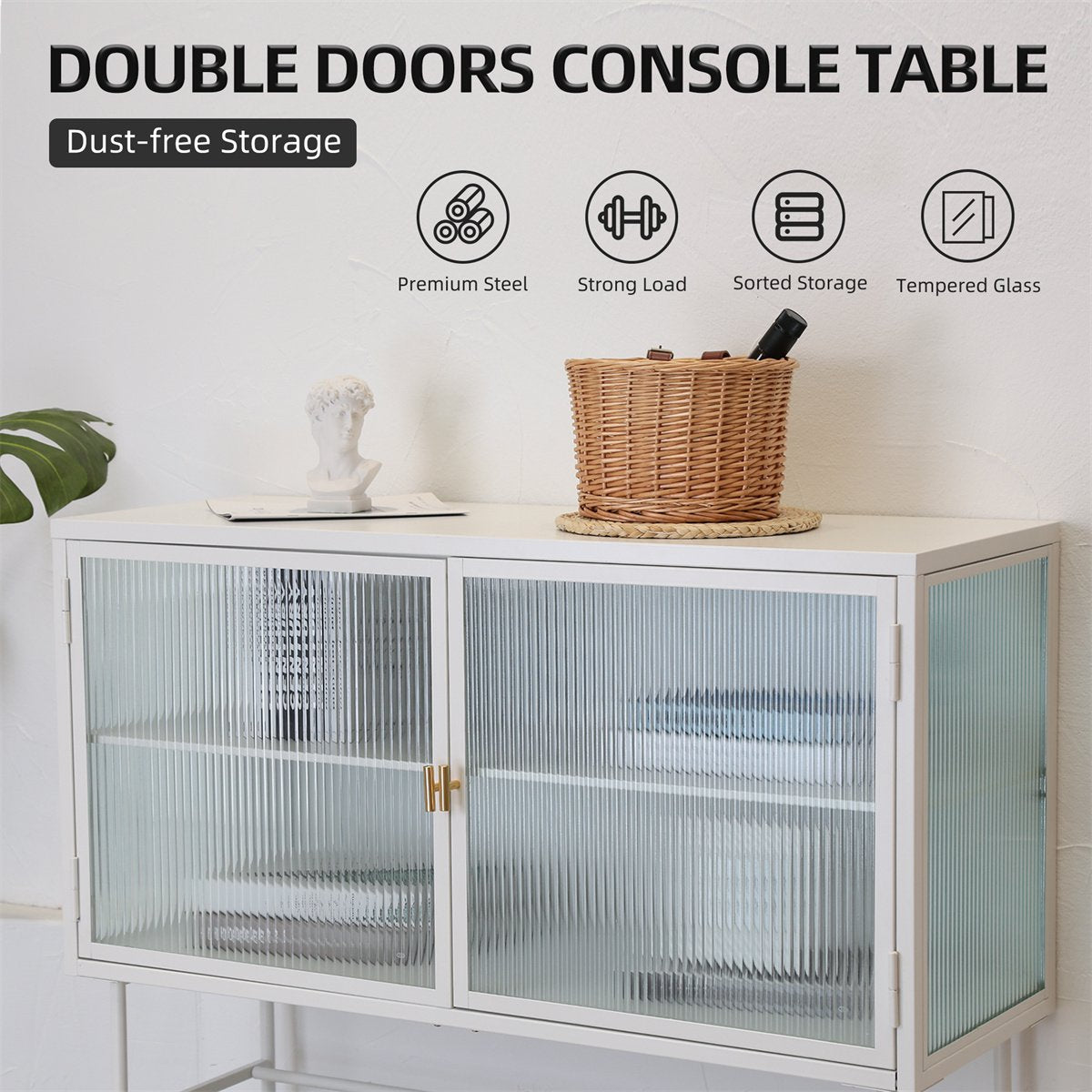 Retro Buffet Sideboard Storage Cabinet with Metal Frame & Fluted Glass Sideboard Buffet with Removable Shelves,Modern Console Table End Table Side Table for Kitchen Living Room