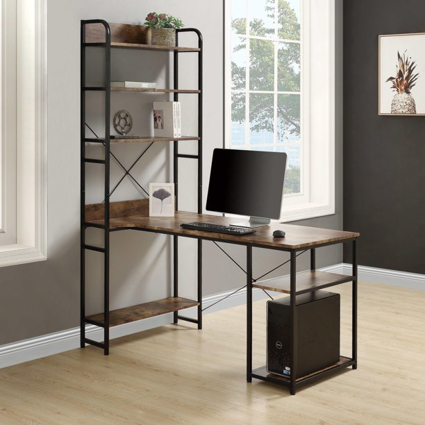 Computer Desk with 4 Tier Storage Shelves Large L-Shaped Home Office Desk PC Laptop Writing Table Workstation with Hutch Bookshelf,Tiger