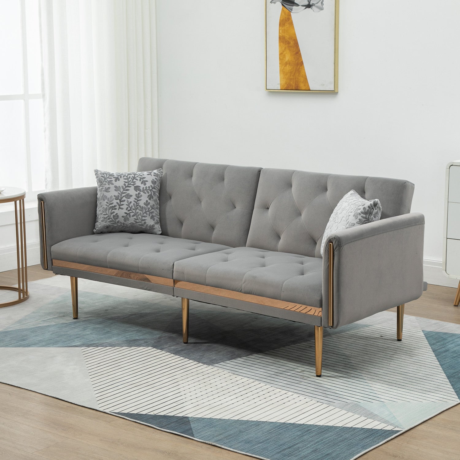 Convertible Futon Sofa Bed, 73 Inch Velvet Upholstered Living Room Sofa with Adjustable Backrest and Metal Legs, Modern Loveseat Sleeper Couch Folding Sofa with 2 Pillows for Home Office, Gray